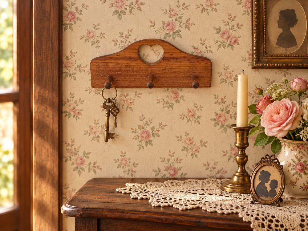 Vintage Wooden Key Holder w/ Pegs Heart Cutout Granny Cottage Farmhouse
